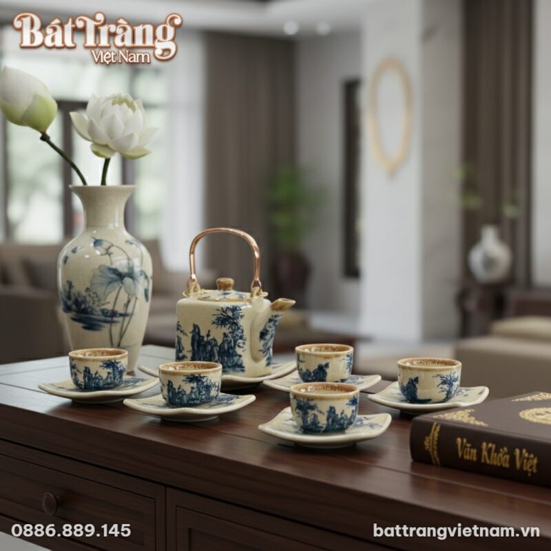 Bộ ấm chén men rạn cổ dáng vuông quai đồng vẽ Trúc Lâm Thất Hiền BT-AC66