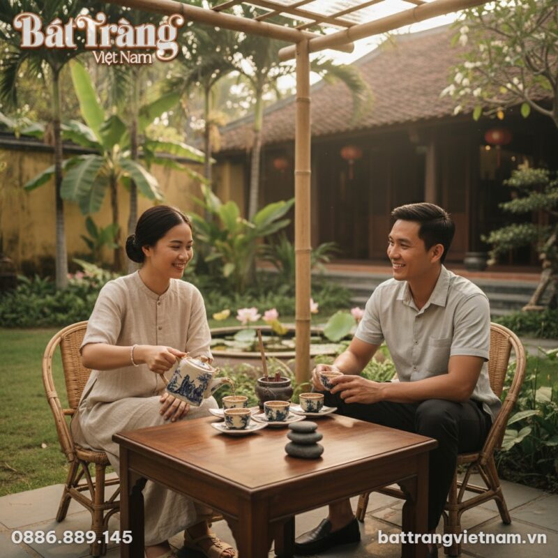 Bộ ấm chén men rạn cổ dáng vuông quai đồng vẽ Trúc Lâm Thất Hiền BT-AC66