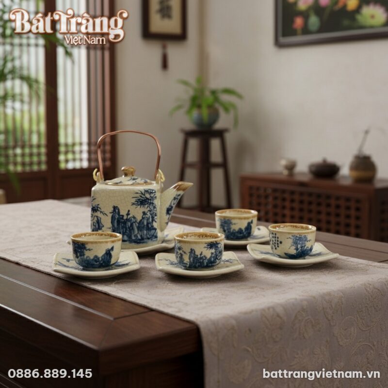 Bộ ấm chén men rạn cổ dáng vuông quai đồng vẽ Trúc Lâm Thất Hiền BT-AC66