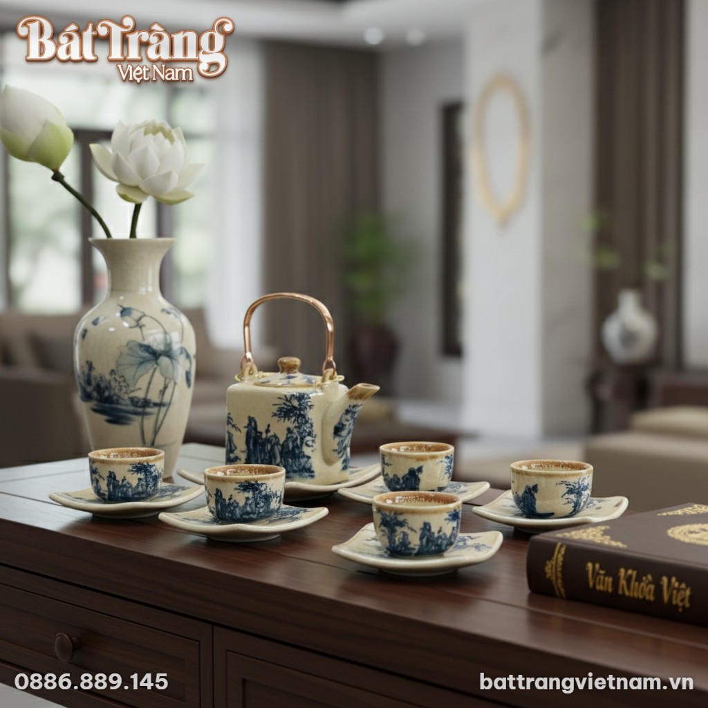 Góc phòng khách Việt Nam hiện đại, bộ ấm chén m...