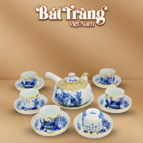 Bộ ấm chén quai ngang men lam Trúc Lâm Thất Hiền bọc đồng BT-AC58