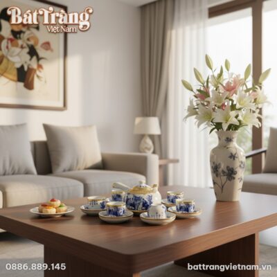 cận cảnh bộ trà trên bàn gỗ trong phòng khách b...