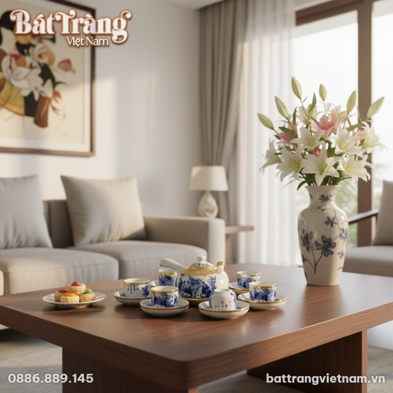 cận cảnh bộ trà trên bàn gỗ trong phòng khách b...