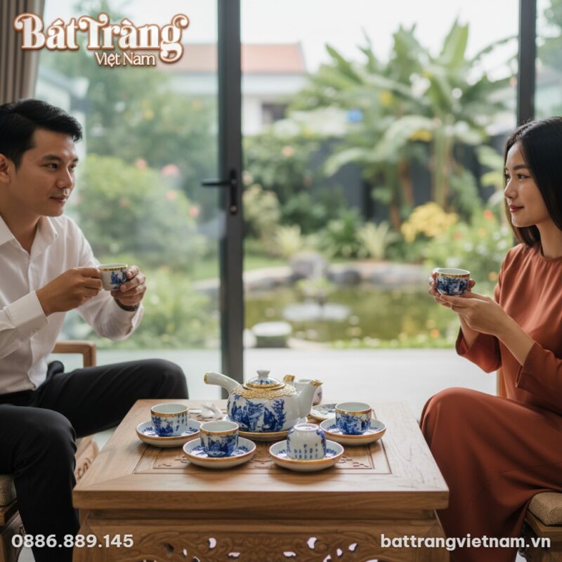 Cảnh tiếp khách thân mật: Hai người Việt Nam tr...