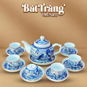 Bộ ấm chén trà men lam dáng hồng vẽ Long Ẩn vàng kim 400ml BT-AC71