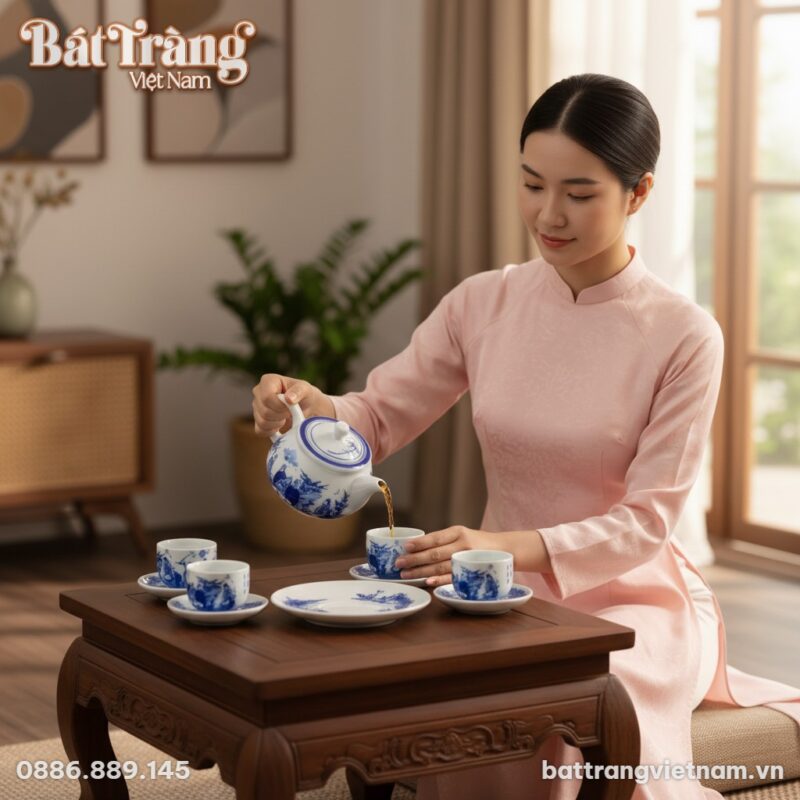 Cận cảnh bộ ấm chén Trúc Lâm Thất Hiền men lam ...