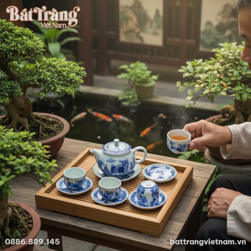 Góc nhìn từ trên cao xuống bộ ấm chén Trúc Lâm ...