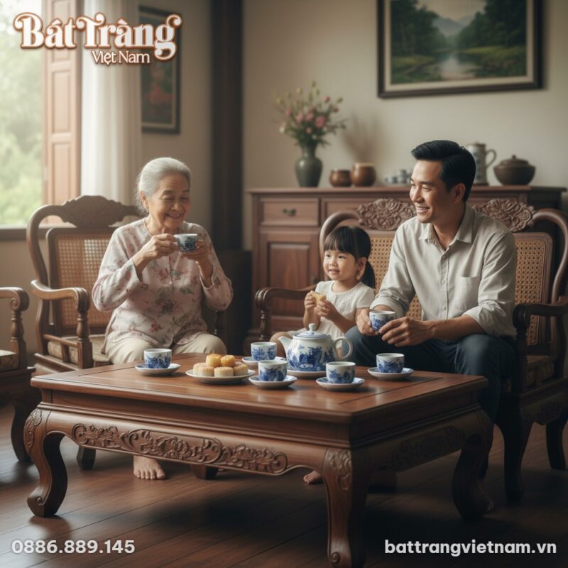 bộ ấm trà trên bàn phòng khách của Gia đình Việ...