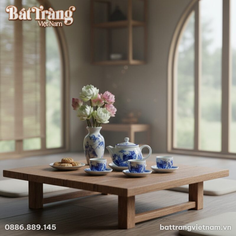 Cận cảnh bộ ấm chén Trúc Lâm Thất Hiền men lam ...