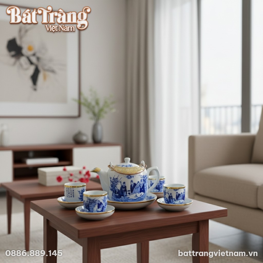 Bộ ấm ch&eacute;n gốm B&aacute;t Tr&agrave;ng men lam bọc đồng v&agrave;ng ...