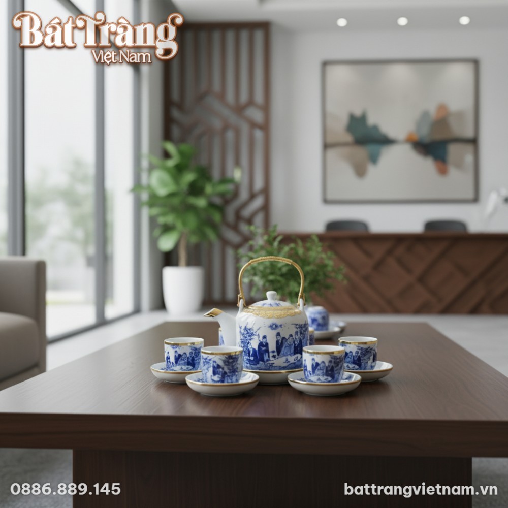 Bộ ấm ch&eacute;n gốm B&aacute;t Tr&agrave;ng d&aacute;ng vại men lam bọc đ...