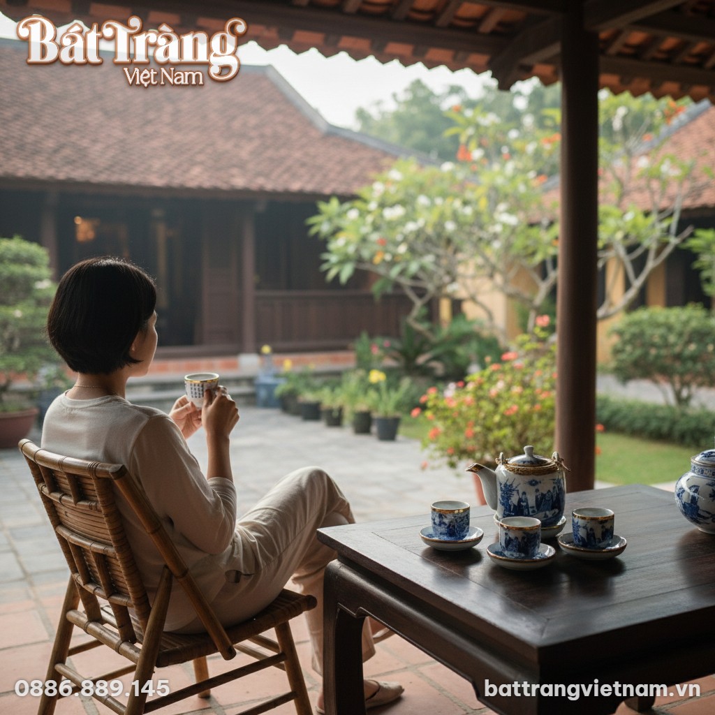 Bộ ấm ch&eacute;n gốm B&aacute;t Tr&agrave;ng men lam bọc đồng v&agrave;ng ...