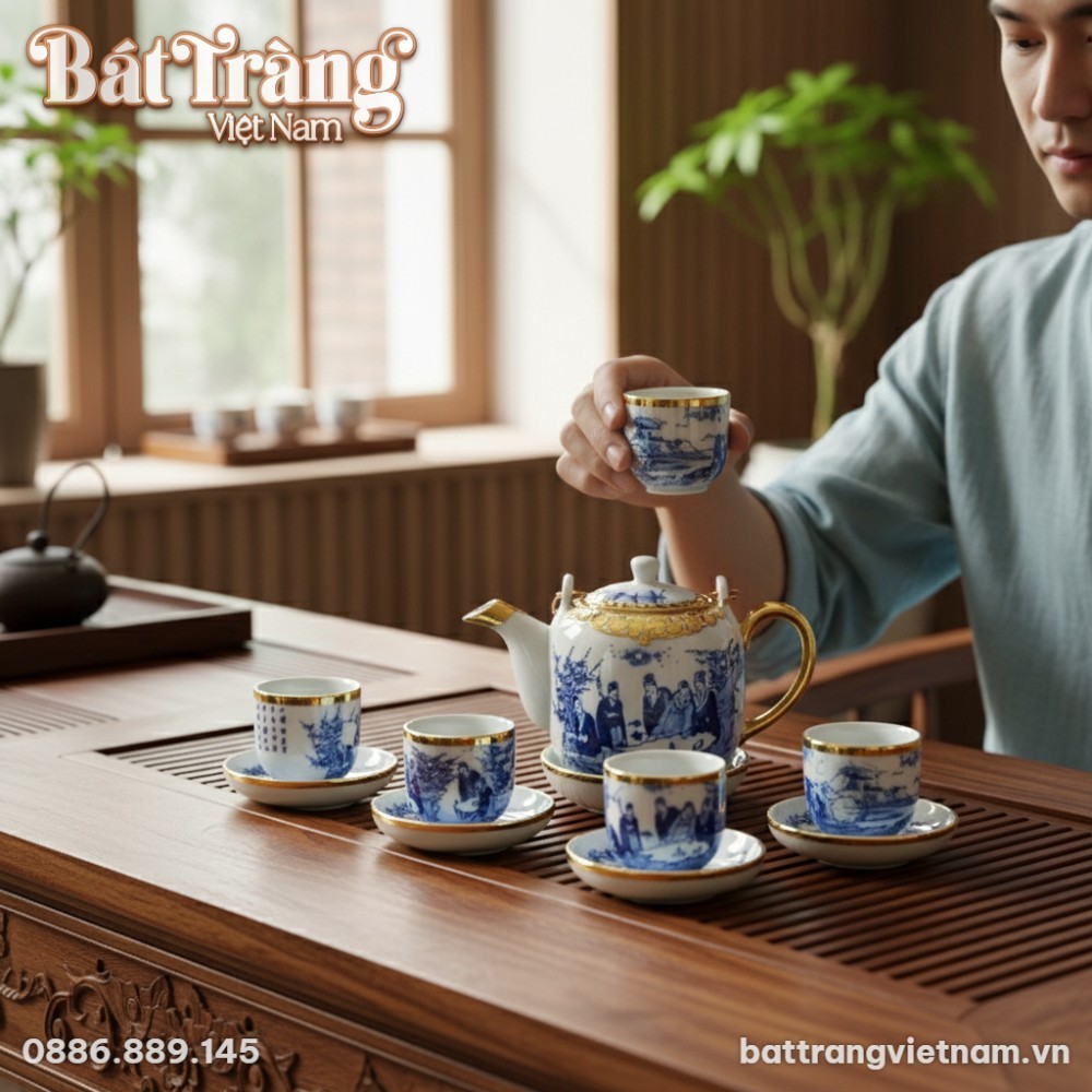 Ảnh chụp cận cảnh bộ ấm ch&eacute;n gốm B&aacute;t Tr&agrave;ng men ...