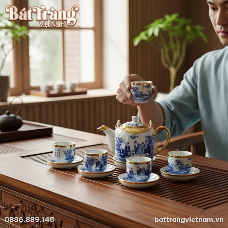 Ảnh chụp cận cảnh bộ ấm chén gốm Bát Tràng men ...