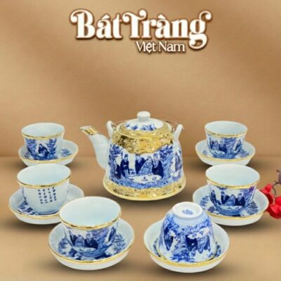 Bộ ấm chén vuốt bọc đồng vàng men lam Trúc Lâm Thất Hiền 900ml BT-AC62 - Ảnh đại diện