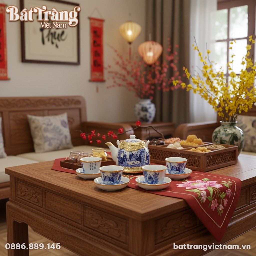 G&oacute;c trưng b&agrave;y nghệ thuật: Bộ ấm ch&eacute;n men lam bọ...