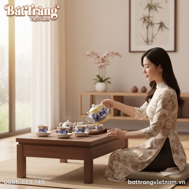 Bộ ấm chén men lam bọc đồng vàng Trúc Lâm Thất ...