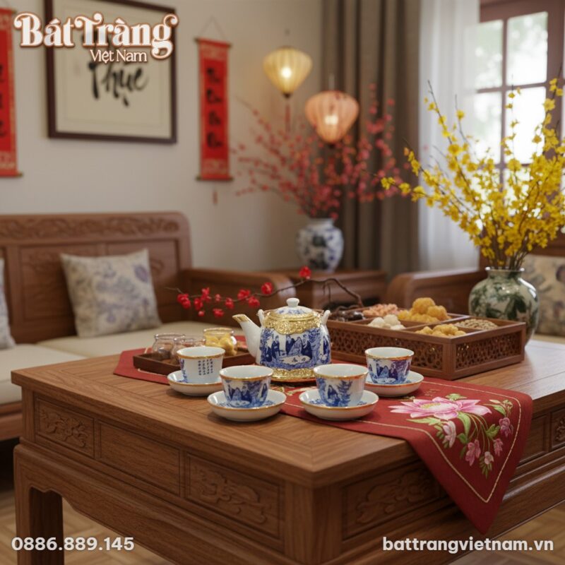 Bộ ấm chén men lam bọc đồng vàng Trúc Lâm Thất...