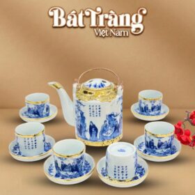 Bộ ấm tích bọc đồng vàng men lam vẽ Trúc Lâm Thất Hiền 750ml BT-AC68