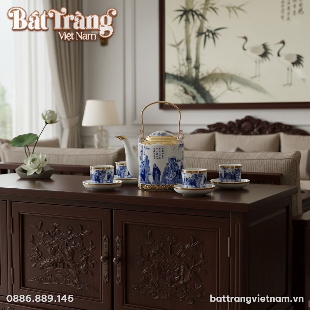 Bộ ấm t&iacute;ch gốm sứ B&aacute;t Tr&agrave;ng Tr&uacute;c L&acirc;m Thất Hiền ...