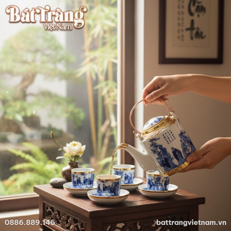 Cận cảnh bộ ấm tích bọc đồng tinh xảo trên bàn ...