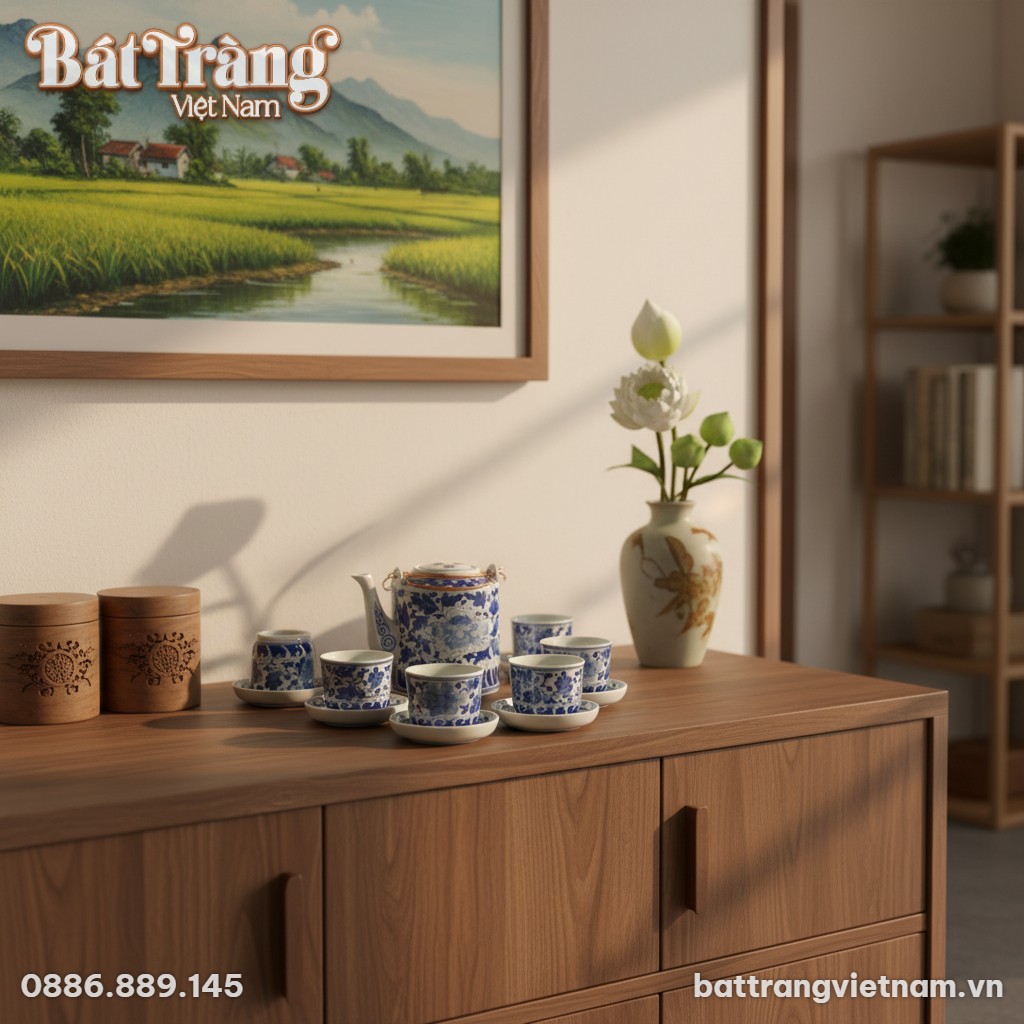 Cận cảnh bộ ấm tích men lam Bát Tràng được đặt ...