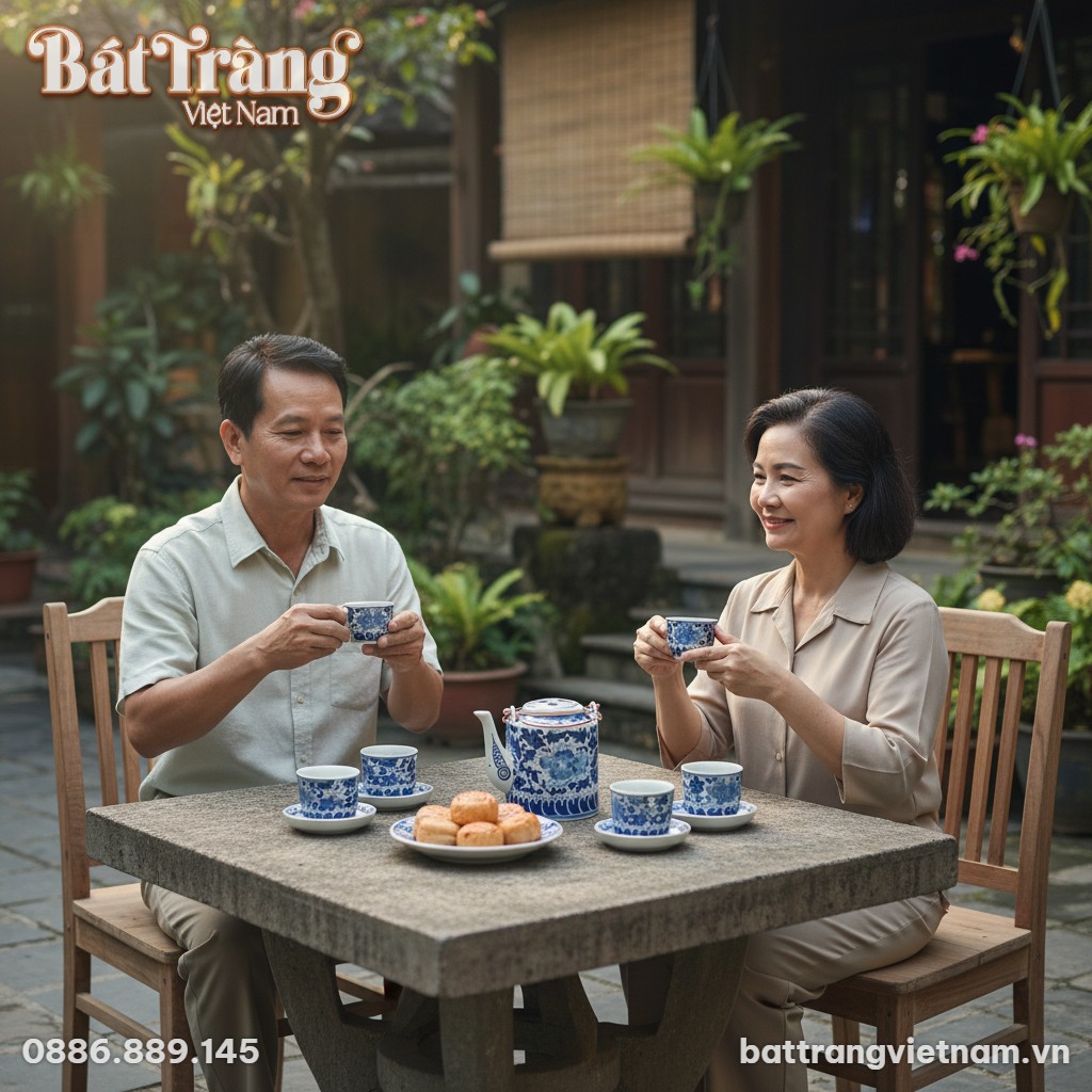 Bộ ấm tích men lam Bát Tràng đặt trên chiếc đôn...