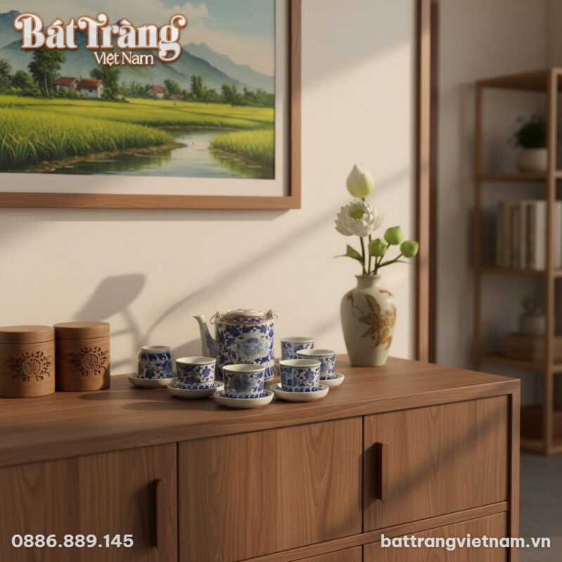 Cận cảnh bộ ấm tích men lam Bát Tràng được đặt ... Cận cảnh bộ ấm tích men lam Bát Tràng được đặt ...