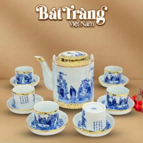 Bộ ấm tích men lam vẽ Trúc Lâm Thất Hiền 1500ml bọc đồng vàng BT-AC69
