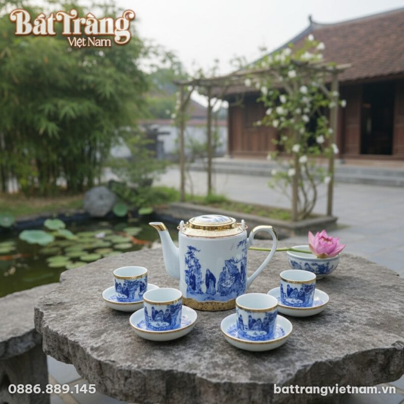 Bộ ấm tích gồm 6 tách trà đặt trên bàn đá ngoài...