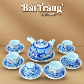 Bộ ấm trà men lam quai chuôi vẽ vàng 24K Long Ẩn 300ml BT-AC70