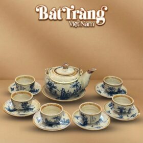 Bộ ấm trà men rạn cổ họa tiết Trúc Lâm Thất Hiền quai đồng BT-AC65