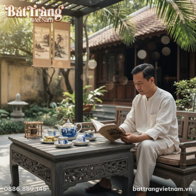 Bộ ấm trà Trúc Lâm Thất Hiền men lam bọc đồng t...