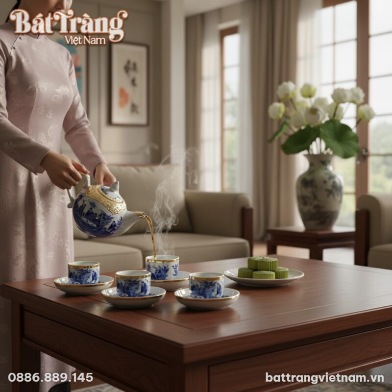 Bộ ấm trà Trúc Lâm Thất Hiền men lam bọc đồng t...