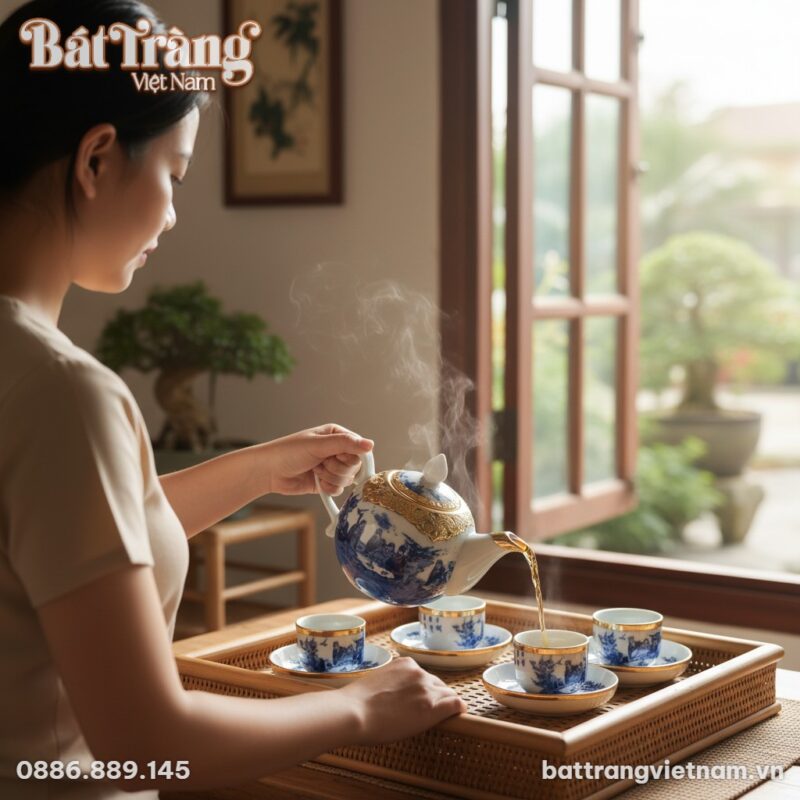 Bộ ấm trà Trúc Lâm Thất Hiền men lam bọc đồng t...