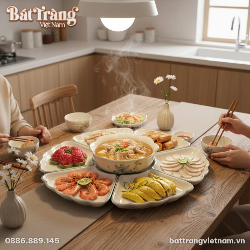 Bộ bàn ăn Hoa Mặt Trời Bát Tràng họa tiết hoa s...