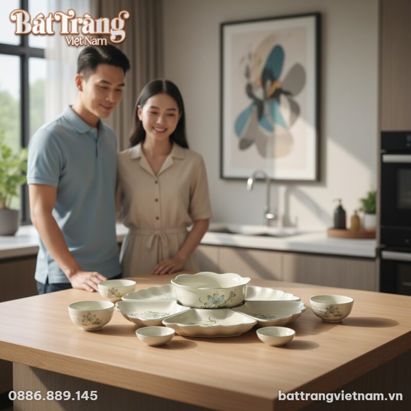 Bộ bàn ăn Hoa Mặt Trời Bát Tràng họa tiết hoa s...