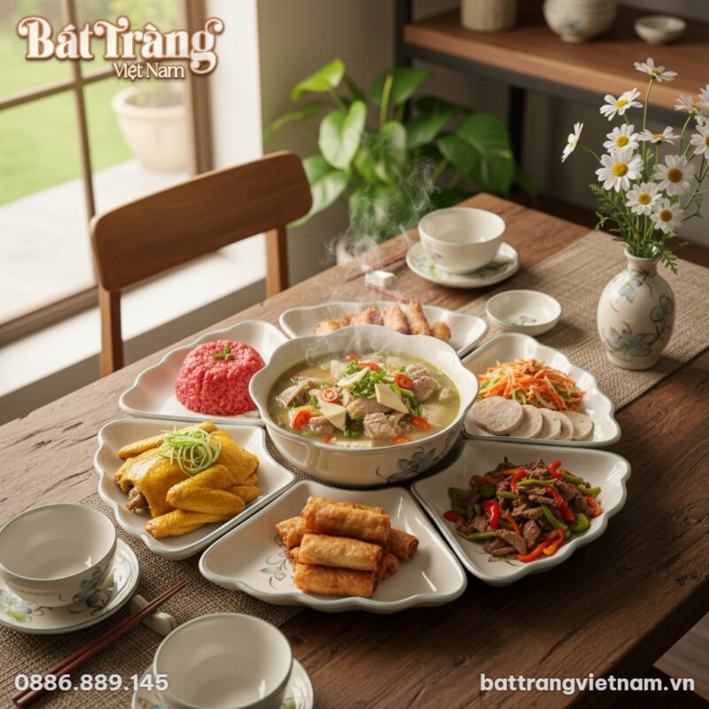 Cận cảnh bộ bàn ăn Hoa Mặt Trời Bát Tràng họa t...