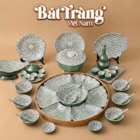 Bộ Bàn Ăn Hoa Mặt Trời Họa Tiết Bèo Xanh Bát Tràng BT-MT16