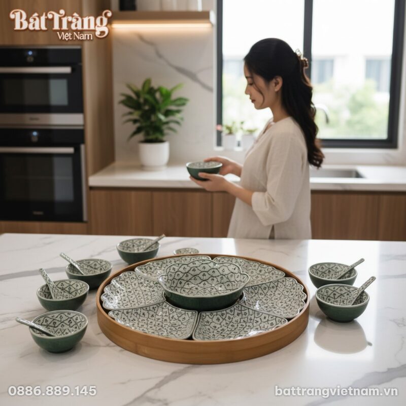 Bộ bàn ăn Hoa Mặt Trời Bát Tràng tinh xảo đặt t...