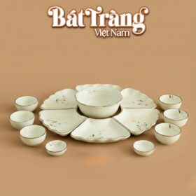 Bộ Bàn Ăn Hoa Mặt Trời Họa Tiết Hoa Đào Hồng Bát Tràng BT-MT08