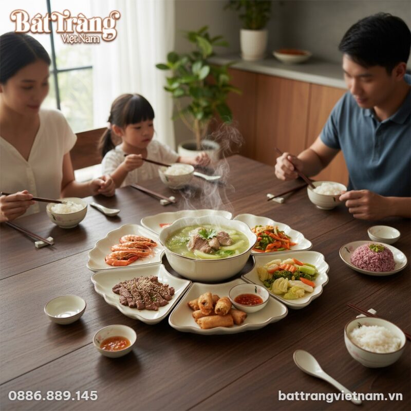 Cận cảnh bộ bàn ăn Hoa Mặt Trời Bát Tràng men k...