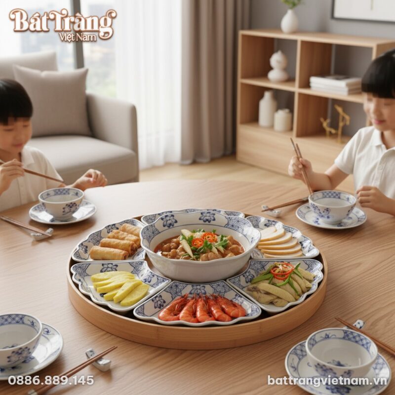 Mâm cơm gia đình Việt ấm cúng với Bộ Bàn Ăn Hoa...