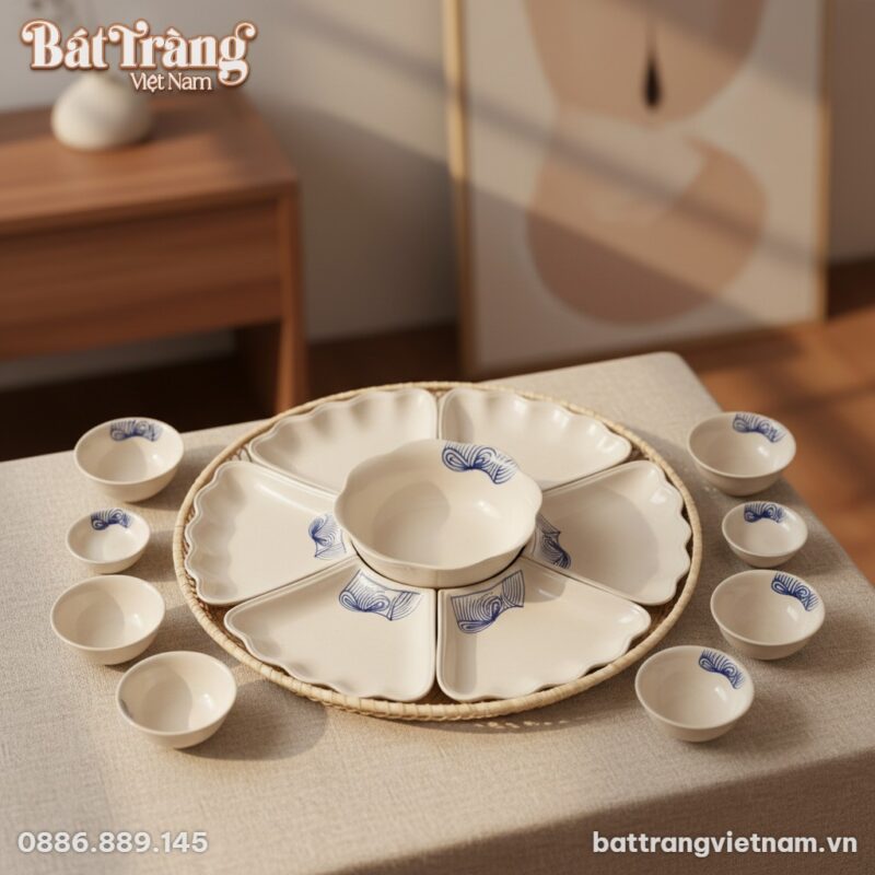 Cận cảnh bộ đĩa cánh hoa và bát cơm từ Bộ Bàn Ă...