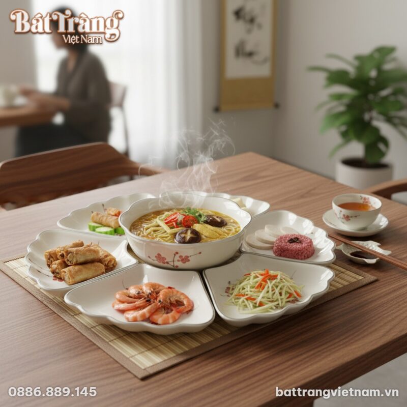 Cận cảnh bộ bàn ăn Hoa Mặt Trời men trắng vẽ đà...