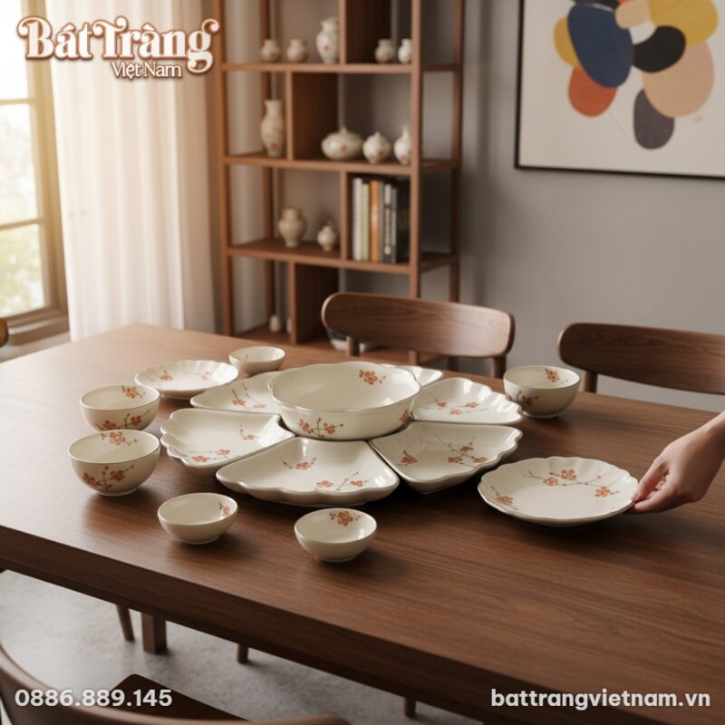 Một người phụ nữ Việt đang nhẹ nhàng đặt đĩa từ...