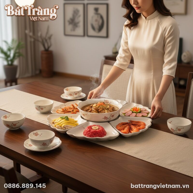 Một người phụ nữ Việt thanh lịch đang sắp đặt b...