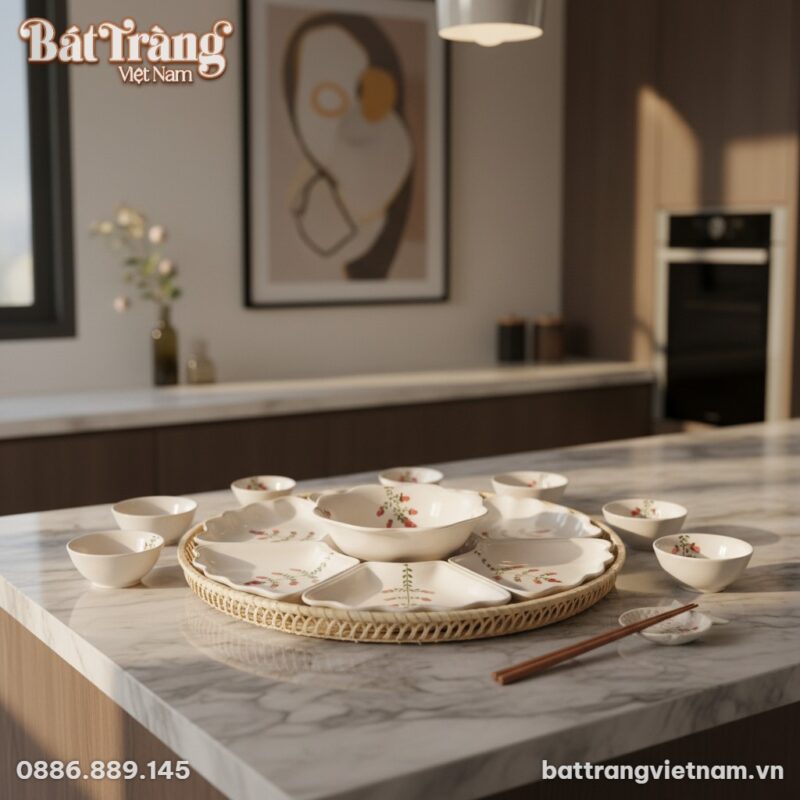 góc chụp Cận cảnh chi tiết bộ đĩa gốm sứ Bát Tr...