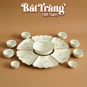 Bộ Bát Đĩa Bát Tràng Hoa Mặt Trời Họa Tiết Hoa Đào Xanh BT-MT09