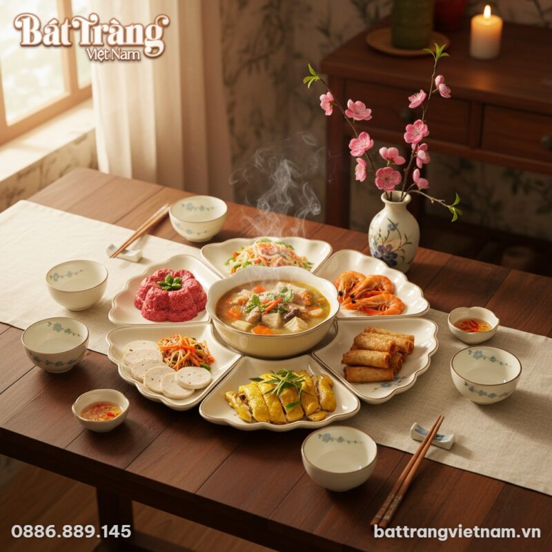 Cận cảnh bộ bát đĩa Bát Tràng Hoa Mặt Trời, tập...